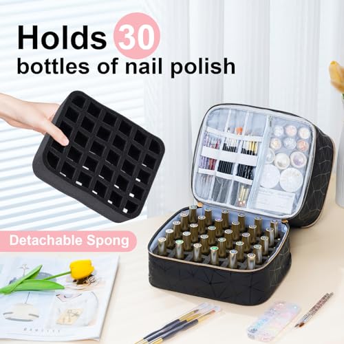 Uross Nail Polish Organizer Bag Holds 30 Bottles Nail Polish & Nail Kit -Nail Polish Storage Organizer Bag Nail Supplies Organizer Case for Nail Tech - Black