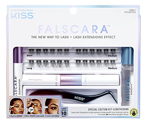 Kiss Falscara False Eyelash Special Edition Starter Kit With Overnighter, Bond & Seal, Applicator, Remover, & 24 Lengthening Las
