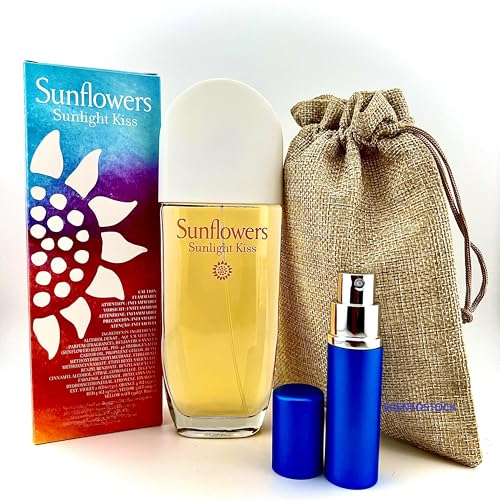 Bundle- Sunflowers Sunlight Kiss Perfume for Women,Eau De Toilette Spray 3.3 Fl oz with Burlap Bag and Mini Refillable Perfume Atomiser.