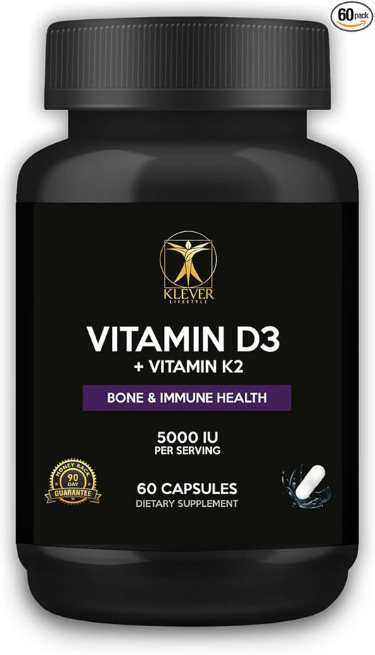 Klever Lifestyle | Vitamin D3 & K2 | Supplement for Bone, Joint & Immune Health, Mood Support, Antioxidant, Strong Bones | 60 Capsules | 5000 UI per Serving