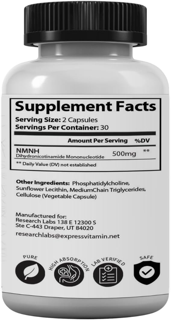 Research Labs Liposomal NMNH (NMN Supplement Alternative) 500mg Per Serving | 60 Capsules (Dihydronicotinamide Mononucleotide) NAD Supplement to Boost NAD+ Levels for Anti Aging