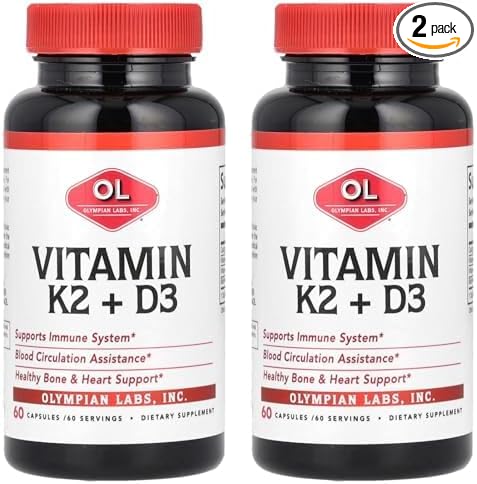 Olympian Labs Vitamin K2 + D3, 60 Servings, Supports Immune System, Bone and Heart Support, 60 Vegan Capsules (Pack of 2)