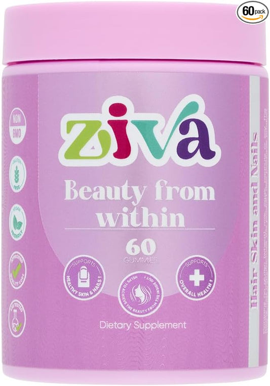 ZIVA Beauty from Within Gummies – Skin & Nail Support Supplement for Women – Daily Gummy Vitamins for Natural Beauty – 60 Servings