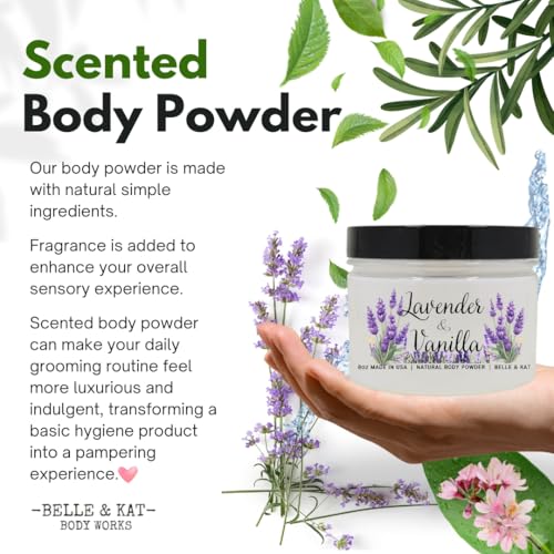 Lavender Vanilla Scented Talc Free Body Powder for Men, Perfume Dusting Powder for Women, Bath Powder with Fragrance & Essential Oil, 8oz Container, Stay Fresh
