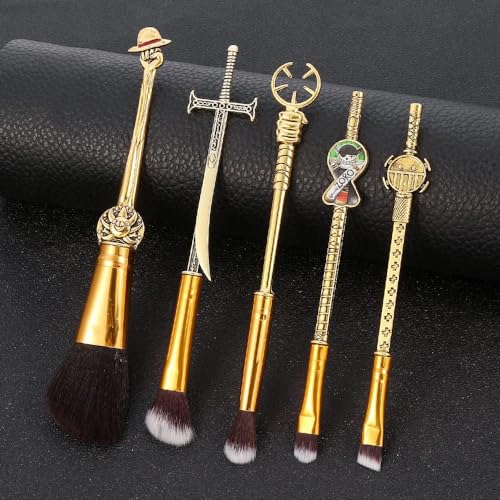 Set Of 5 One Piecess Anime Makeup Brushes - With Metal Handle, Velvet Gift Bag, Anime Peripheral, Birthday, Thanksgiving, Christmas, One Piece Fan Gift (Set)