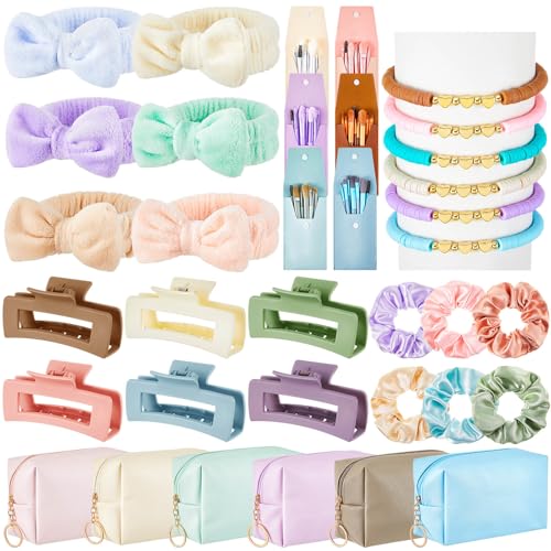 Zeyune 36 Pcs Gifts Sets Bulk for Teen Tween Women Preppy Party Favors Sets Preppy Makeup Bag Hair Pin Scrunchies Headbands Bracelets Trendy Stuff Gift for Women Friend Birthday(Vivid Colors)