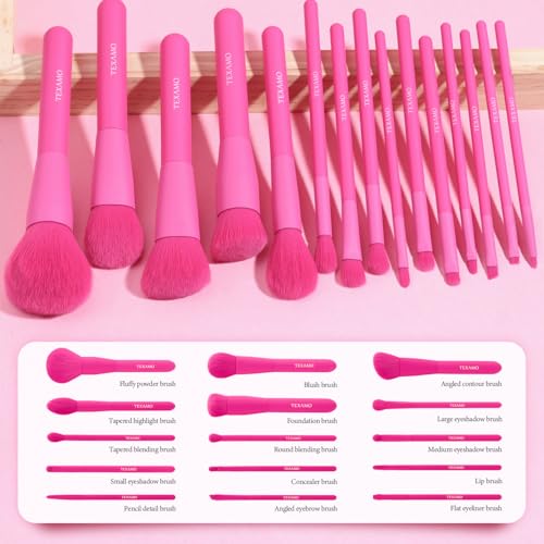 Makeup Brush Set, 15 Piece Quality Makeup Brushes, Premium Synthetic Make Up Brushes for Foundation Powder Blush Highlighter Concealer Makeup Brush Kit for Travel, Hot Pink