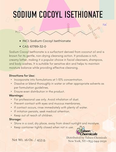 Sodium Cocoyl Isethionate Powder - Cosmetic Grade - 16 Oz / 453 g - Mild Surfactant for Soap Making, Lotion Making, DIY Cosmetics, Haircare, Bath Bomb Making - SCI Powder by Talsen Chemicals