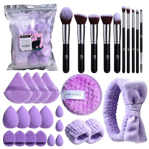 BS-MALL Makeup Brushes Set 30 Pcs – Including Face Washing Puffs, Blush Powder Bronzer Foundation Eyeshadow Concealer Brushes, and Mini Makeup Sponge Makeup Sponges Set (Black)