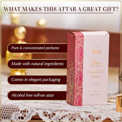 Dukhni Sandalia Rose Attar Oil Long Lasting Arabic Perfume Oils for Men and Women | Rose Attar, sandal, sandalwood oil | 30ml Pure Roll On Perfume, Non alcoholic, Vegan