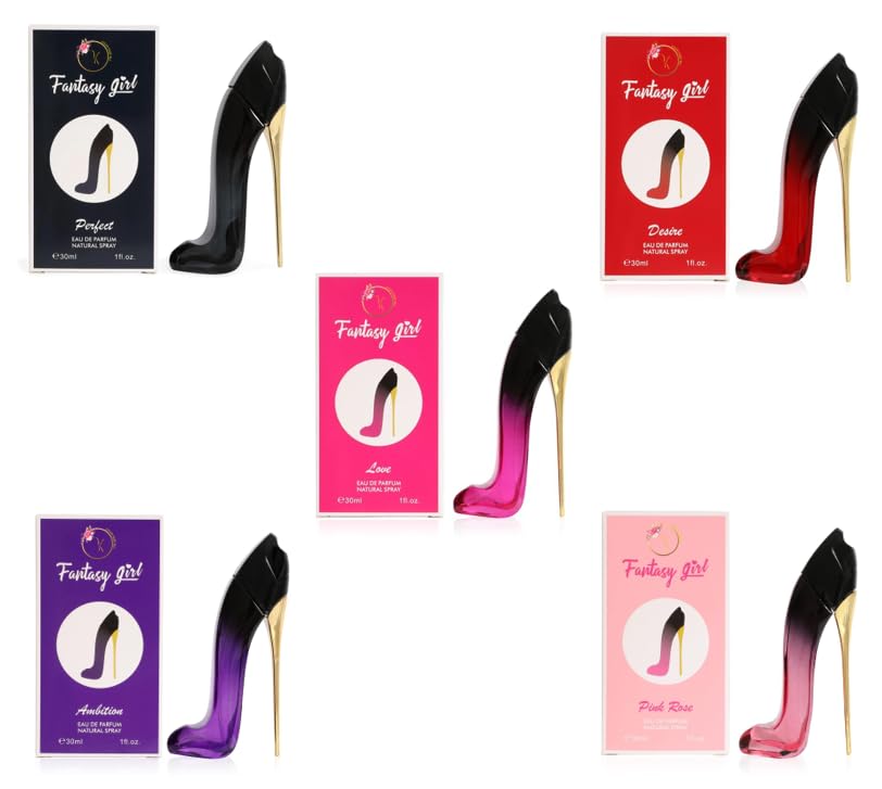 Fantasy Girl Mini High Heel Perfume Gift Set for Women (1oz/30ml x 5pcs) Pink Rose, Ambition, Desire, Perfect & Love, (Pack of 5)- Eau De Parfum