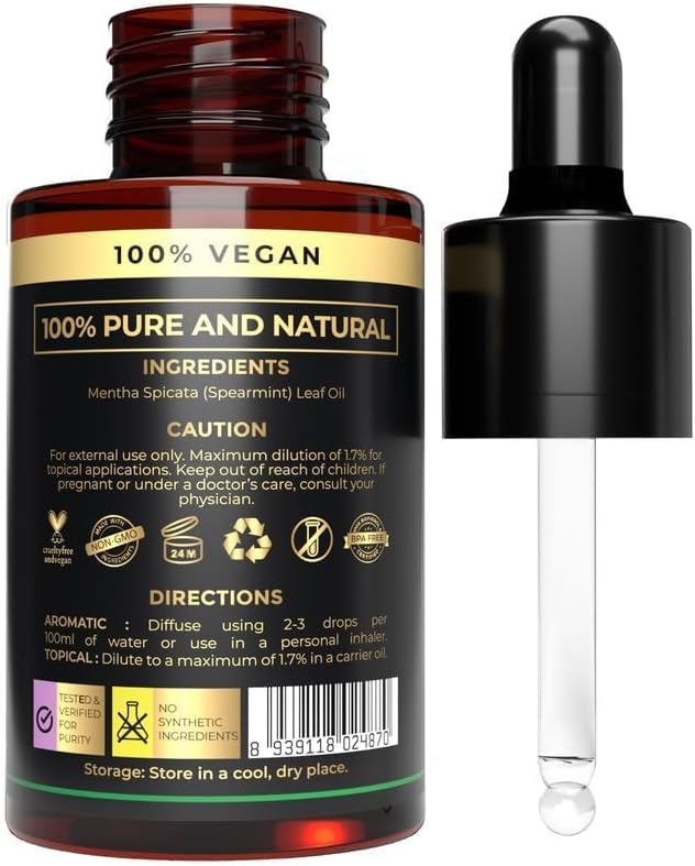 Spearmint Essential Oil - 100% Pure & Natural for Face, Skin and Diffuser | Organic Spearmint Oil for Facial Hair Care, PCOS, Aromatherapy | Relaxing Massage Oil with Therapeutic Benefits