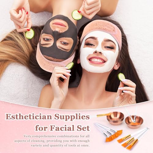 24Pcs Esthetician Supplies for Facials Set 6 Rose Gold Facial Bowls Esthetician 6 Facial Headbands 6 Facial Fan Mask Brushes & 6 Flat Brushes for Women Facial Mask Mixing Kit Facial Tools