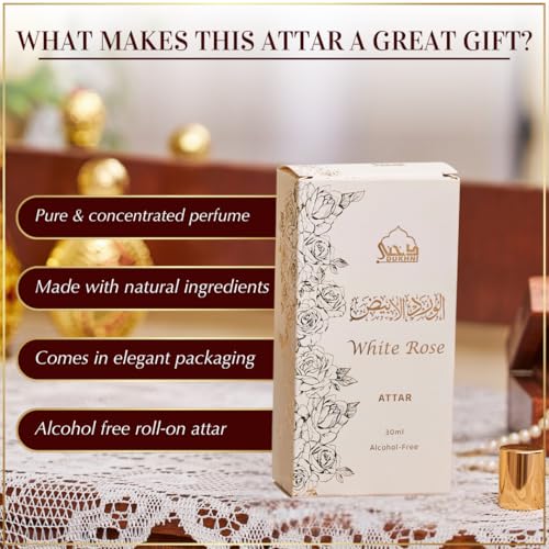 Dukhni White Rose Attar Oil Arabic perfume oils for men and women | 30ml Pure roll on perfume, Long lasting alcohol free scent | Eid, Ramadan, Umrah Gifts, Vegan Islamic Fragrances