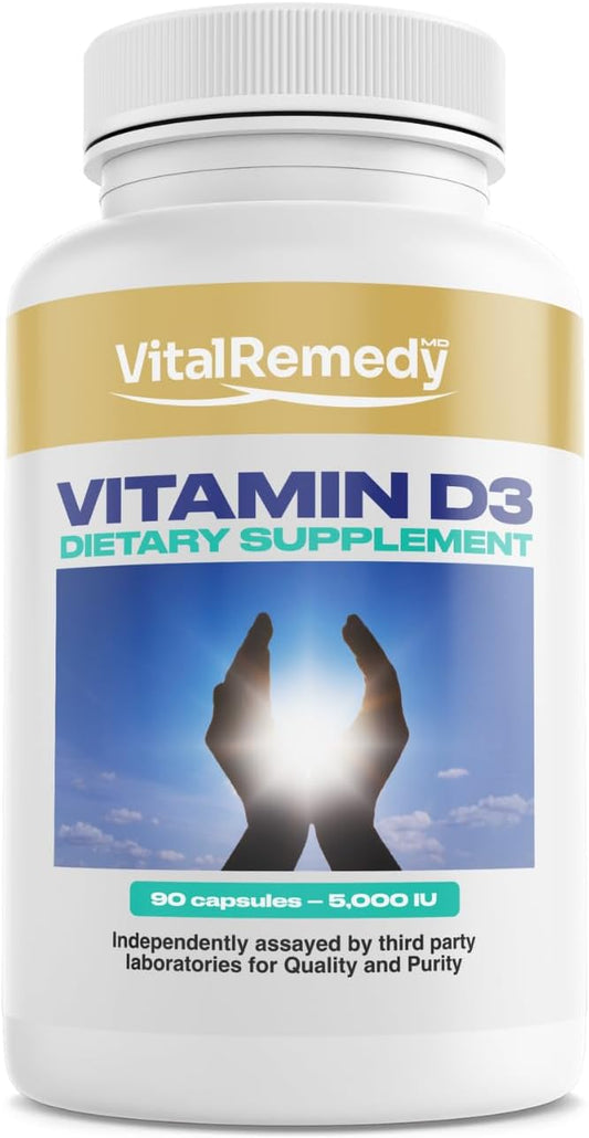 Vitamin D3 5000 IU - 3 Month Supply for Healthy Muscle and Joint Function, Non-GMO, Gluten Free, Vegan Vitamin D Capsules for Healthy Aging, 90 Count