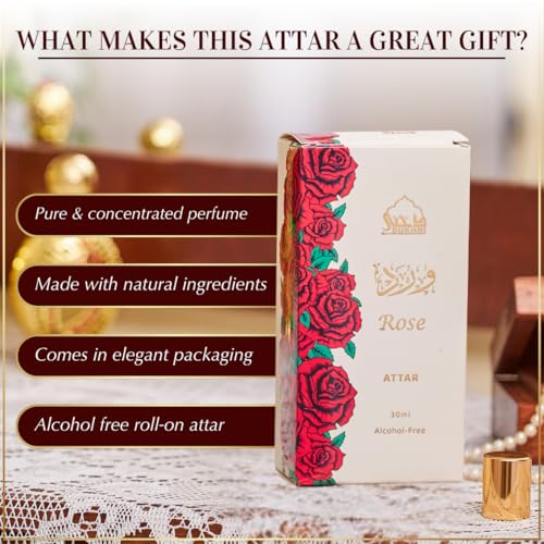Dukhni Rose Attar Oil 30ml roll on perfume, Arabic fragrance oils for men and women | Original rose, pure concentrated floral scent | Eid, Ramadan, Umrah Gifts, Vegan Islamic Fragrances