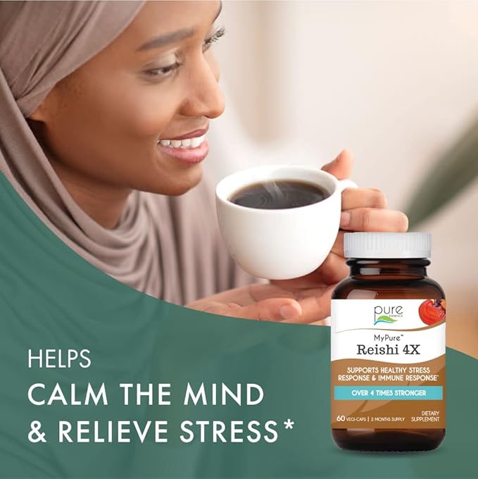 PURE ESSENCE LABS MyPure Reishi 4X Organic Mushrooms Supplement - 100% Real Mushroom Extract for Immune Support, Stress Relief, Build Energy (30 Capsules)