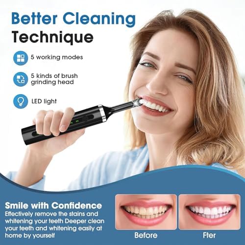 Tooth Polisher - Plaque Remover for Teeth Whitening Dental Tools Electric Tartar Polishing Teeth Cleaning Kit with LED Light 5 Speed Modes with 5 Replacement Brush Heads (Black)