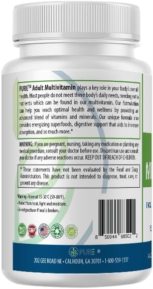 PURE Adult Multivitamin with Vitamins A, C, D3, B12, Minerals, Digestive Enzymes, 90 Capsules, 30 Servings, Energy & Wellness Support