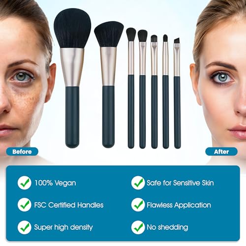 Cosmetic Makeup Brushes Set, Professional Make up Set, Premium Brush Kit tools, Soft Synthetic Hair for Face, Cheek, & Eye Makeup, with Leather Pouch (Dark Green,7 Pcs)