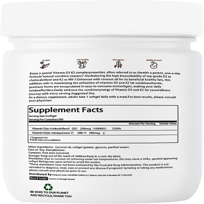 Vitamin D3 10000 IU with 200 mcg MK7 Vitamin K2, Immune & Joint Health Gluten Free, GMO-Free, Dairy Free, 300 Gels (1)