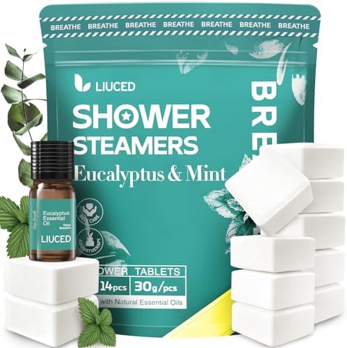 Shower Steamers Aromatherapy - 14 Pack Eucalyptus & Mint Shower Bombs and 5ml Natural Eucalyptus Essential Oils, Nasal Relief, Birthday Gifts for Women, Self Care Stress Relief Gifts for Mom Wife Her