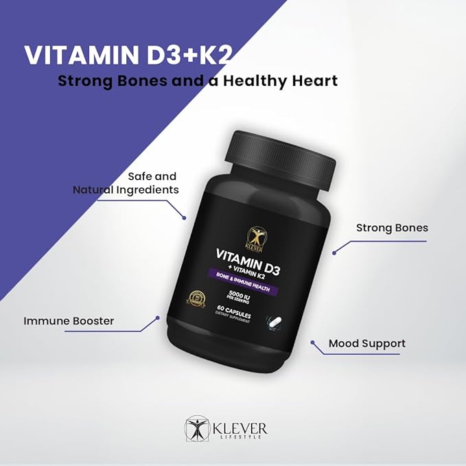 Klever Lifestyle | Vitamin D3 & K2 | Supplement for Bone, Joint & Immune Health, Mood Support, Antioxidant, Strong Bones | 60 Capsules | 5000 UI per Serving
