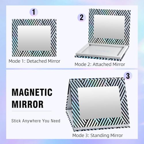Empty Magnetic Makeup Palette with Mirror, Spatula, 20 Metal Stickers, Suitable for Eyeshadow Lipstick Blush Powder Highlighter and Contour, DIY Refillable, Holographic Stripes Black Medium