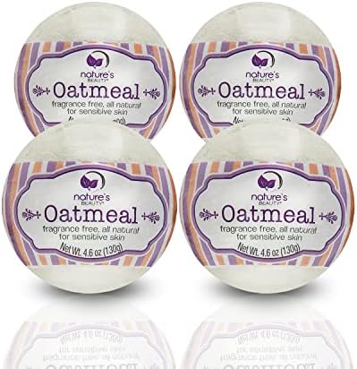 Nature's Beauty Oatmeal Fragrance-Free Bath Bomb Multi-Pack - Natural Hand Crafted, Non-Staining, Luxury Fizzy Spa Bomb, Sooth Dry + Itchy Skin Made w/Almond + Coconut Oil, 4.6 oz (4 Pack)