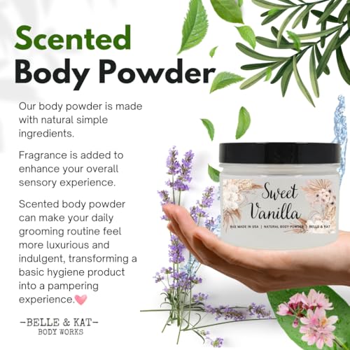 Sweet Vanilla Scented Body Powder for Men & Women, Perfume Dusting Powder, Bath Powder with Fragrance & Essential Oils, Talc Free 8oz Container, Made in USA