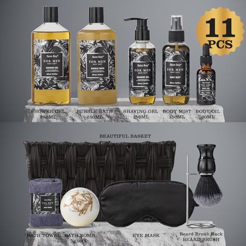 Fathers Day Gift Baskets, Birthday Gifts for Men Basket, Spa Gift Set for Him Beard Shaving Kit Men's Beard Kit Brush Men Face Care Perfume Spa Kit for Man with Beard Brush Rack,Gifts for Dad son