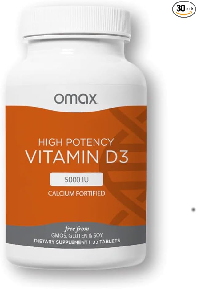 Omax3 Vitamin D3 5000 IU + Calcium, 30-Day Supply, Strong Bones, Muscles & Joints, Heart Health, Immunity, Non GMO, No Gluten, No Soy - 30 Tablets