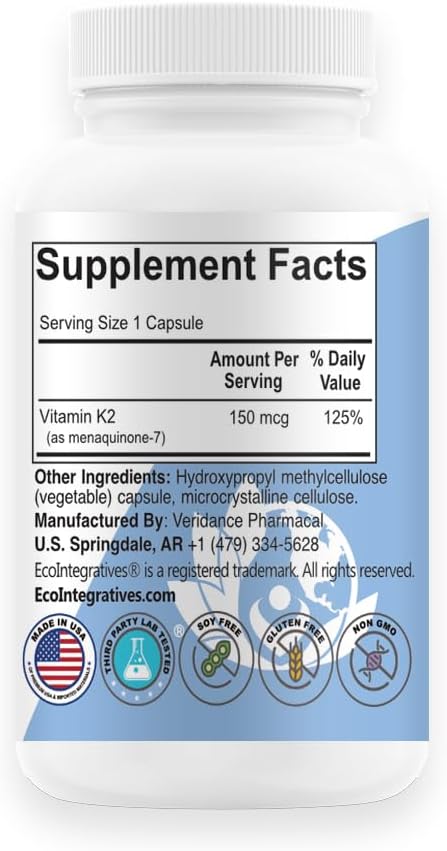 MK-7 (Vitamin K2 as menaquinone-7) Natural Vegan Natto - Supports Bone & Teeth Health, Cardiovascular, Vascular Elasticity & Wound Healing - Vegetable 100 Capsules