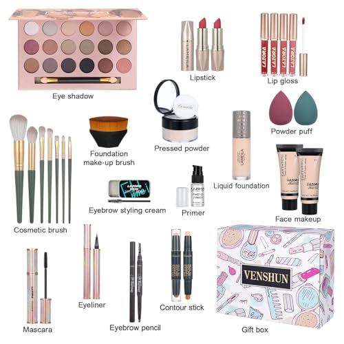All in One Makeup Kit for Women Full Set Girl Makeup Gift Set Makeup Essentials Set Includes Foundation 18 Color Eyeshadow Palette Lipstick Eyebrow Pencil Makeup Gift Set