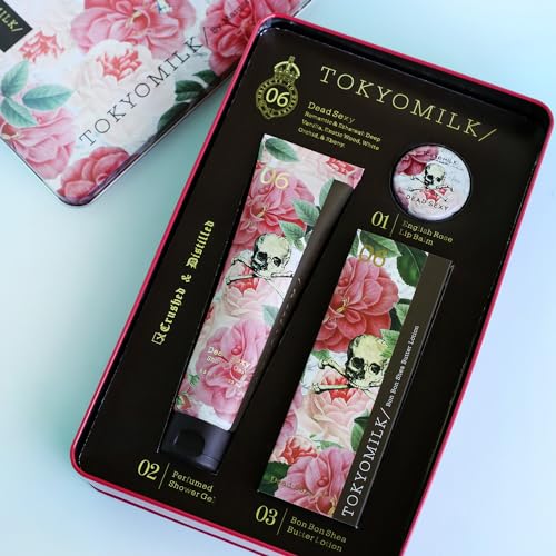 TokyoMilk Dead Sexy Gift Set Tin – Deep Vanilla, Exotic Wood, White Orchid, Ebony – Romantic & Ethereal, Embossed Tin, Perfumed Shower Gel, Shea Butter Handcreme & Nourishing Lip Balm