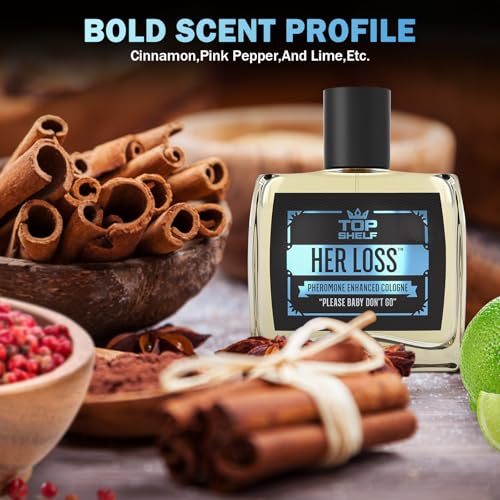 Top Shelf Her Loss Cologne for Men (Pheromone Enhanced) - 1.7 Fl Oz Long Lasting Perfume Her Loss Para Hombre, Natural Herbal Scent-Awaken Raw Instinct, Her Loss Pheromone Cologne for Men Attract Her