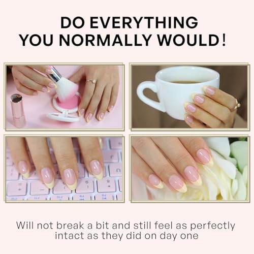 Yellow French Tip Press on Nails - GJZEZ Spring Almond Short Butter Yellow Soft Gel Fake Nails, Stunning Salon Quality False Glue on Nail | 16 Sizes - 32 Reusable Nail Kit with Glue, Buttermilk