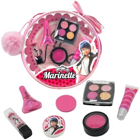 Miraculous Ladybug Kids Makeup Set - 10 Piece Bag with Nail Polish, Hair Chalk, Stickers & More - Safe, Non-Toxic Pretend Play Cosmetics - Marinette Themed Makeup Kit for Children