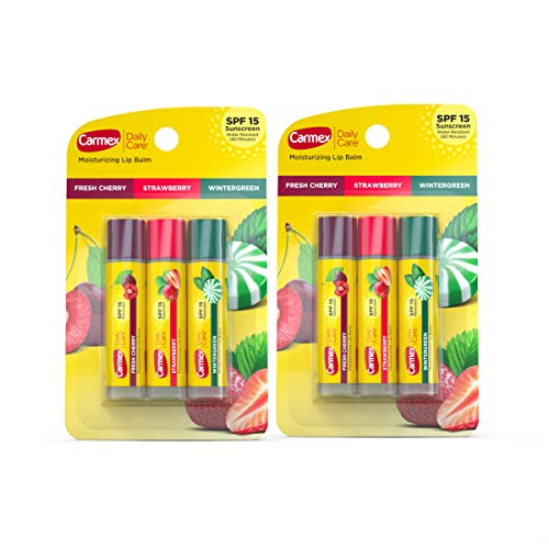 Carmex Daily Care Moisturizing Lip Balm Sticks with SPF, Fresh Cherry, Strawberry and Wintergreen Lip Balm Pack, 0.15 OZ - 3 Cou