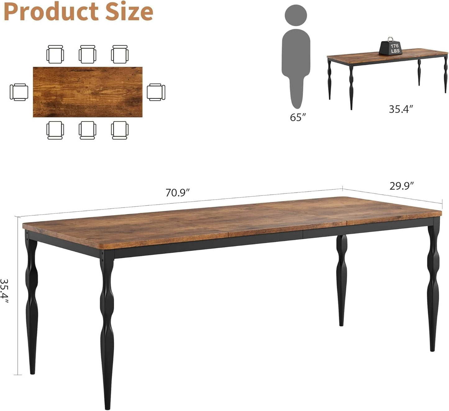 Garvee Dining Room Table 6, 70.9'' Mid Century Kitchen Table Furniture with Metal Frame Heavy Duty Legs, Waterproof Industrial Rectangle Dining Table, Dinette and Dinner Desk For Party (Retro)