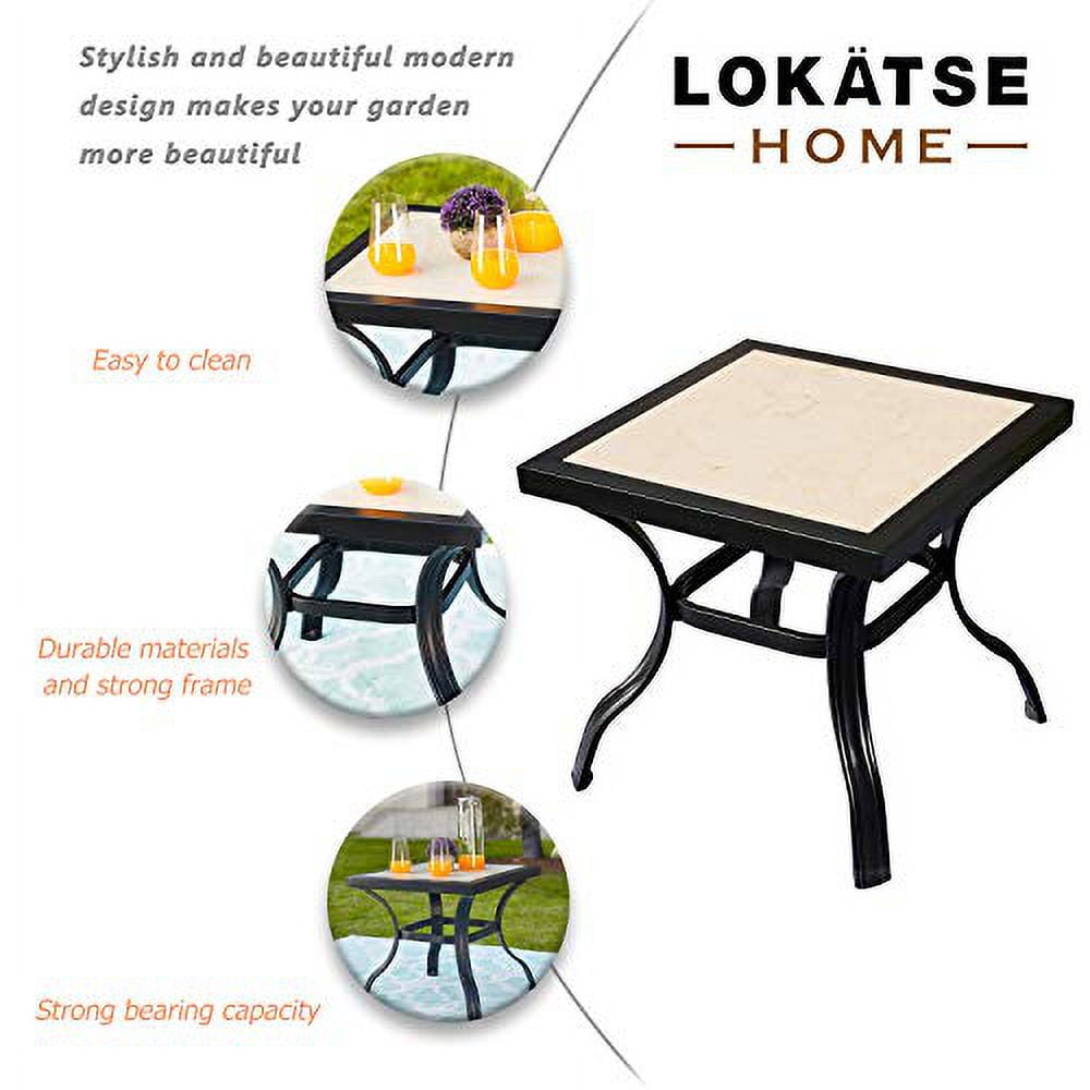LOKATSE Home 21" Outdoor Square Patio Bistro End Table Metal Steel Legs with Ceramics Top, Black