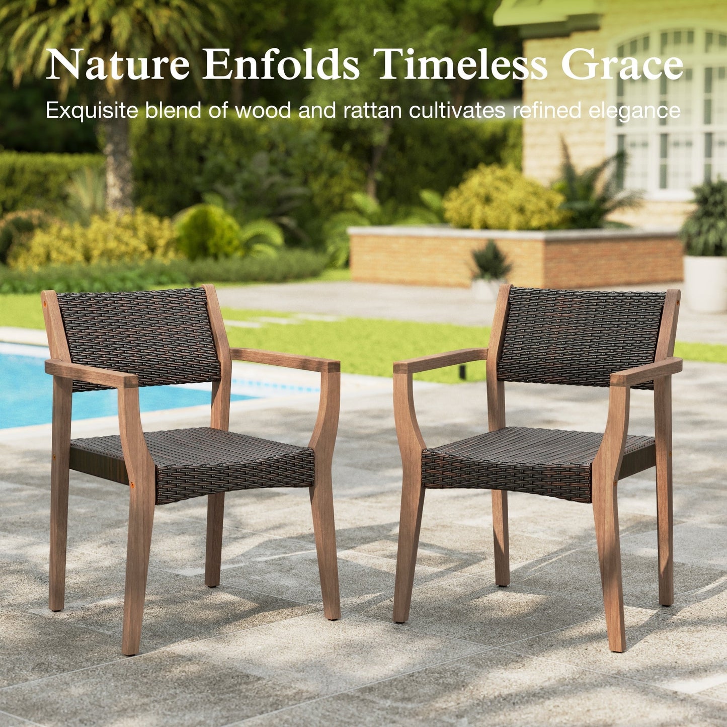 Alpha Joy Wicker Rattan Outdoor Patio Dining Chairs with Acacia Wood Structure - Set of 2, Dark Brown
