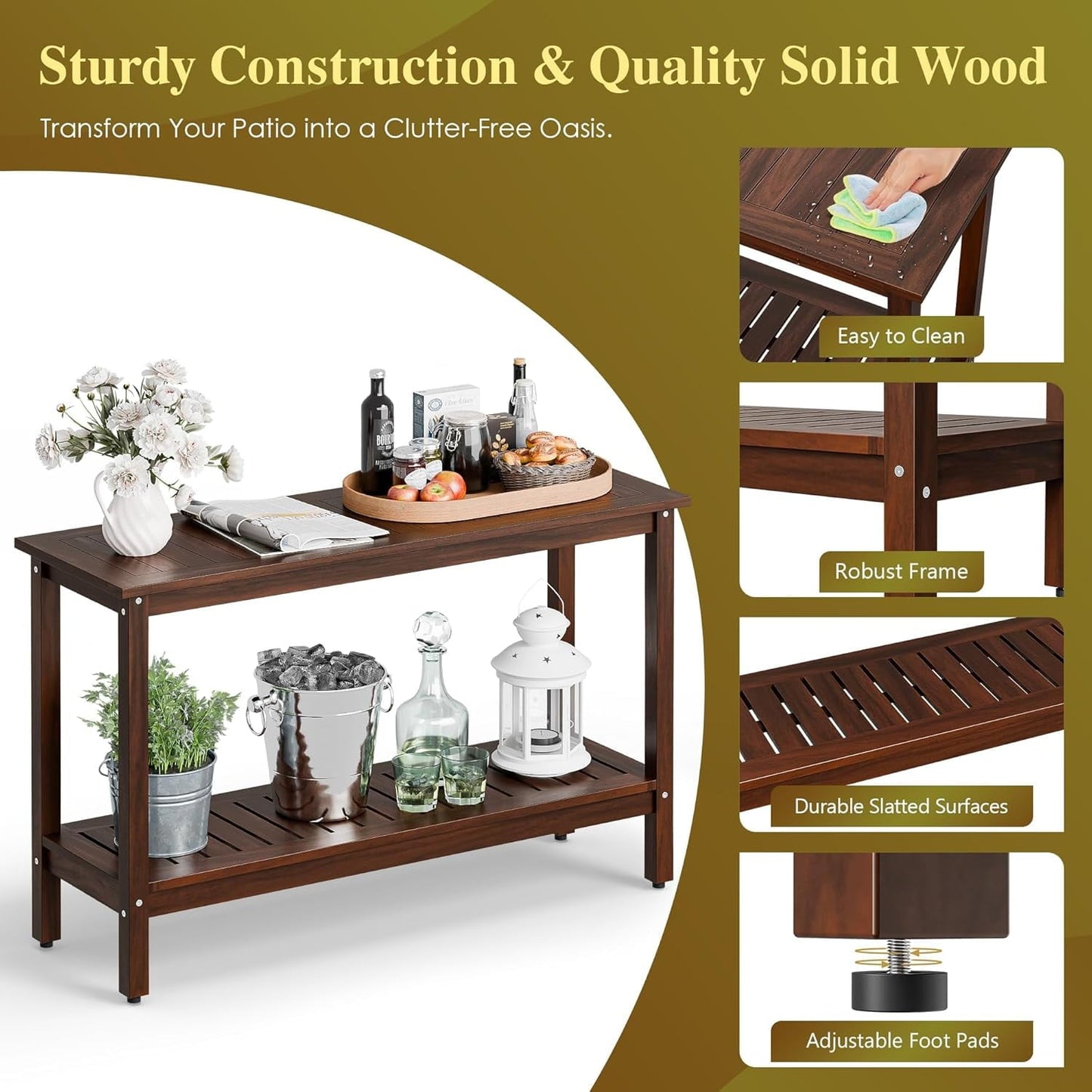 WANSHUN All-Weather Patio Bar Table Entry Console Table, 2-Shelf 48 inch Solid Wood Indoor Outdoor Buffet Storage Organizer with Adjustable Feet, Espresso