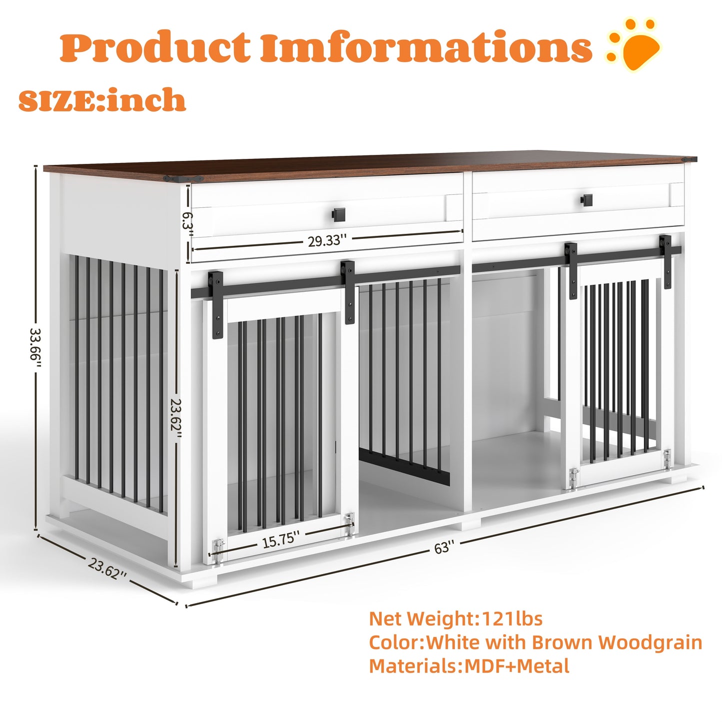 YIYADO Dog Crate Furniture for Two Dogs, 63" Double Wooden Dog Kennel with Divider, Drawers & Sliding Doors, Indoor Rustic Dog Crate Cabinet