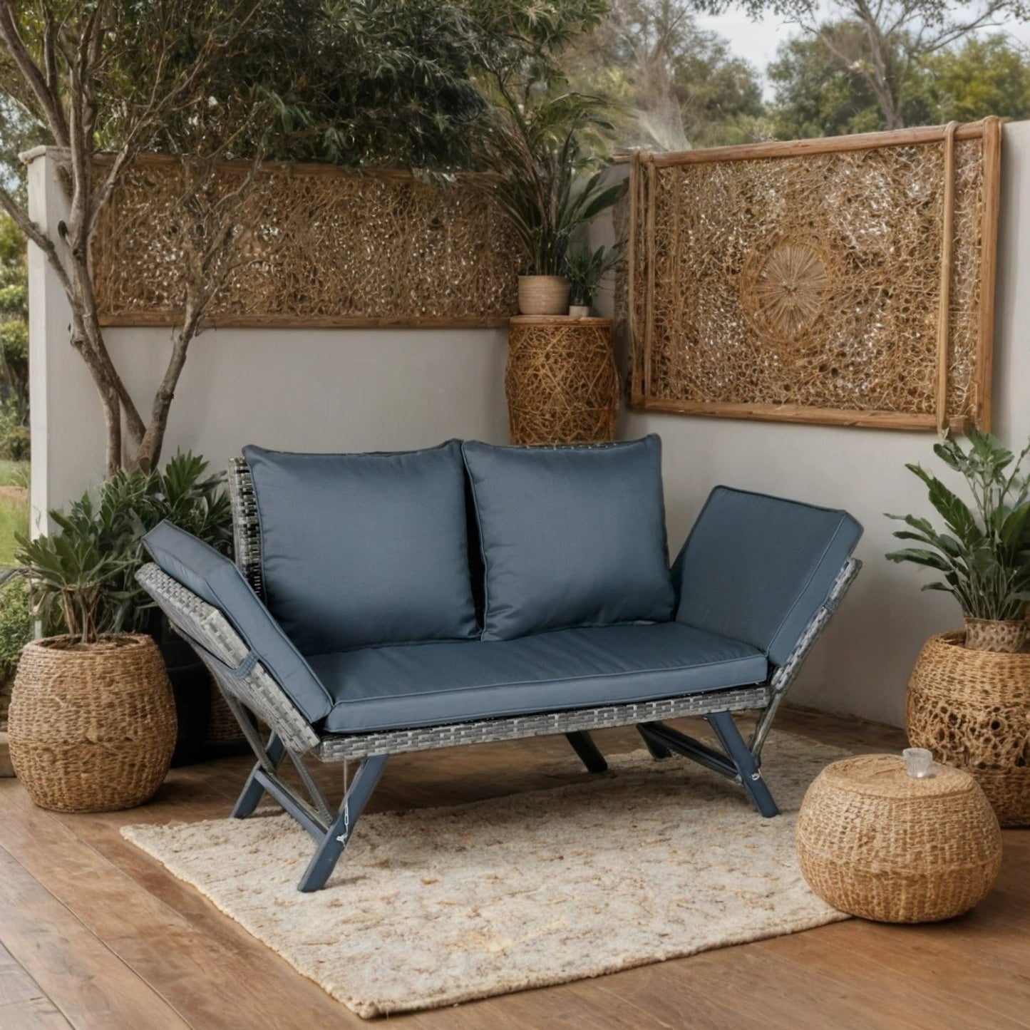 Patio Seating 1 PCS Patio Wicker Side Foldable Bench Patio Backyard Conversation Bench Grey Wicker + Dark Grey Cushion,Outdoor Seating