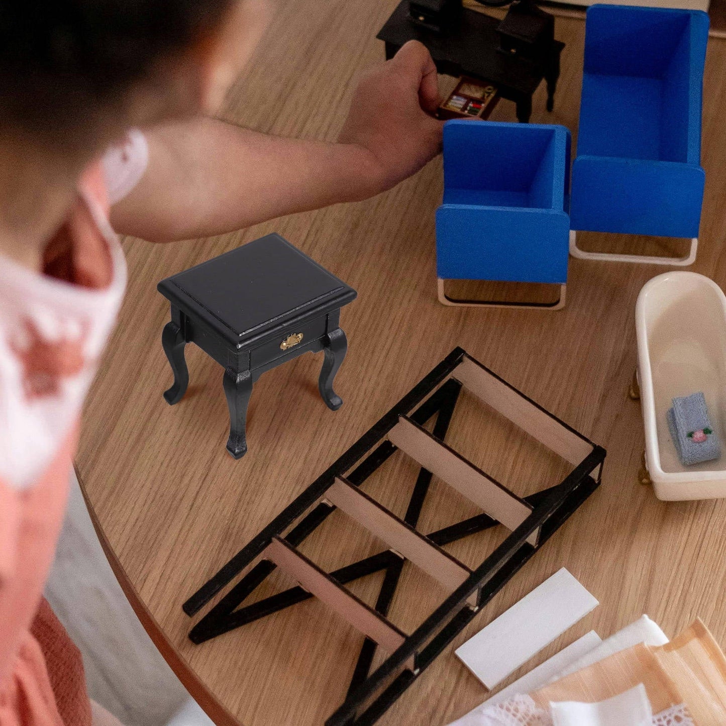 OFFIGAM 1Pcs Miniature End Table Black Wood Functional Drawer Storage For Mini Dollhouse Furniture Living Room