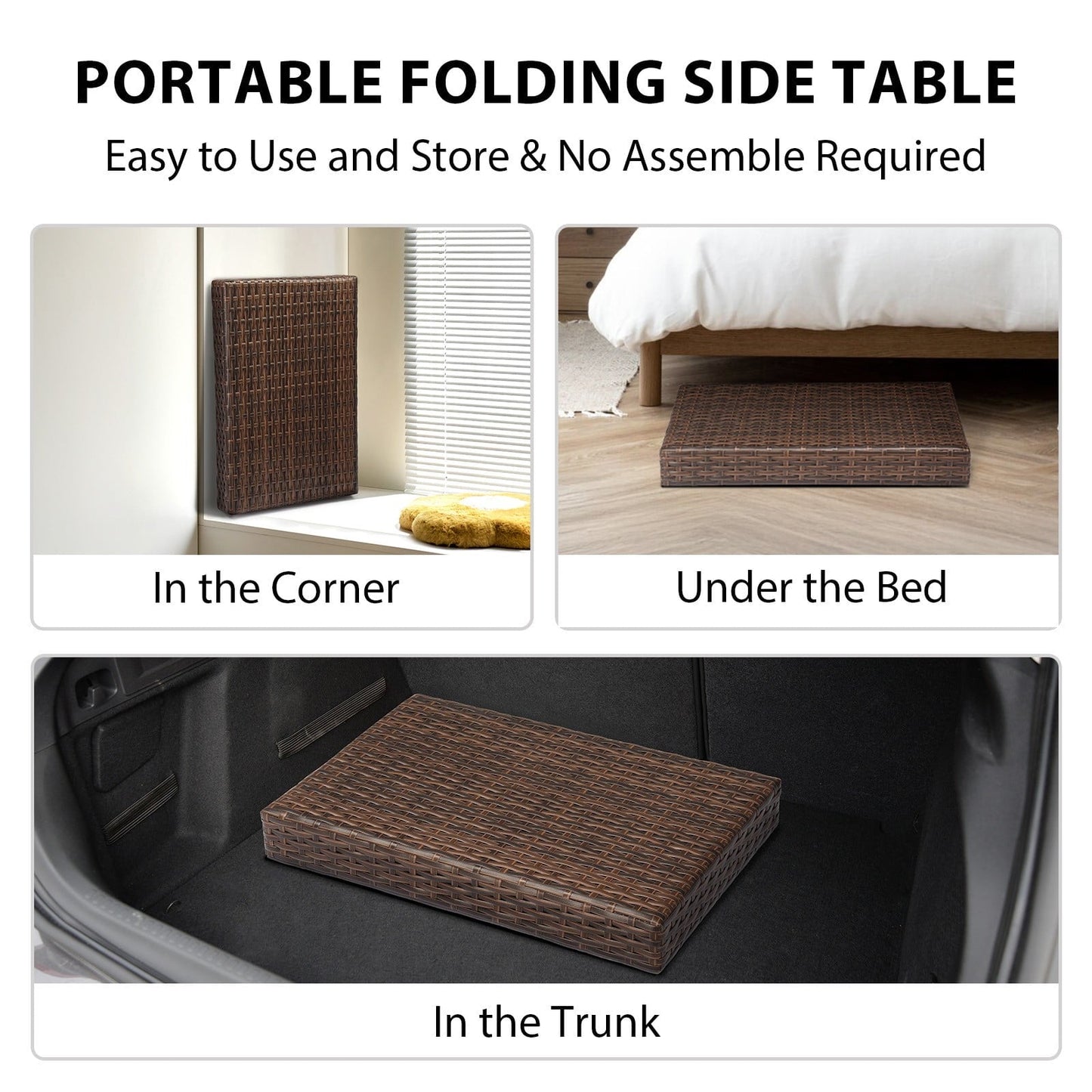 PORJGV Portable Indoor/Outdoor Folding Rattan Side Wicker Coffee Table with PE Wicker & High-Duty Steel Frame, Brown