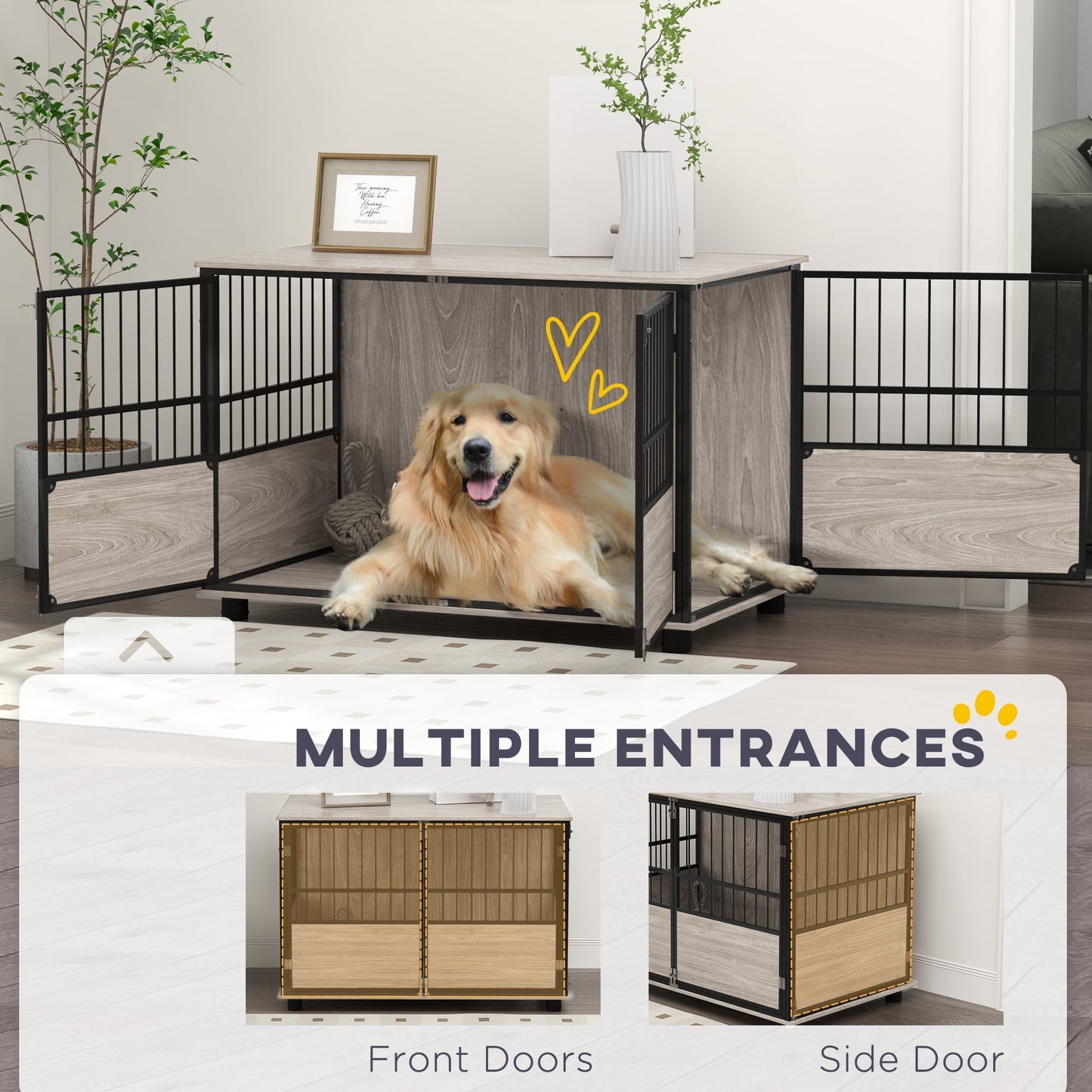 Noaman PawHut 39.5" Wooden Dog Crate Furniture End Table, Brown Indoor Pet House with 3 Doors for Small to Large Dogs, Multi-Functional Kennel & Side Table