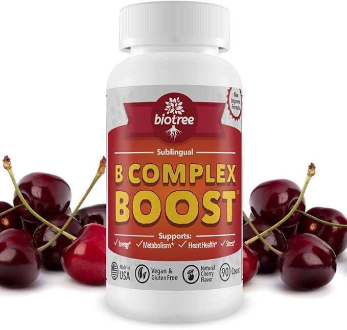 Vitamin B12 Sublingual B Complex Energy Pill B12 Methylcobalamin B6 Biotin & Folic Acid Natural Energy Supports Metabolism Heart Health & Stress Great Tasting Cherry Flavor! 100% Caffeine Free -