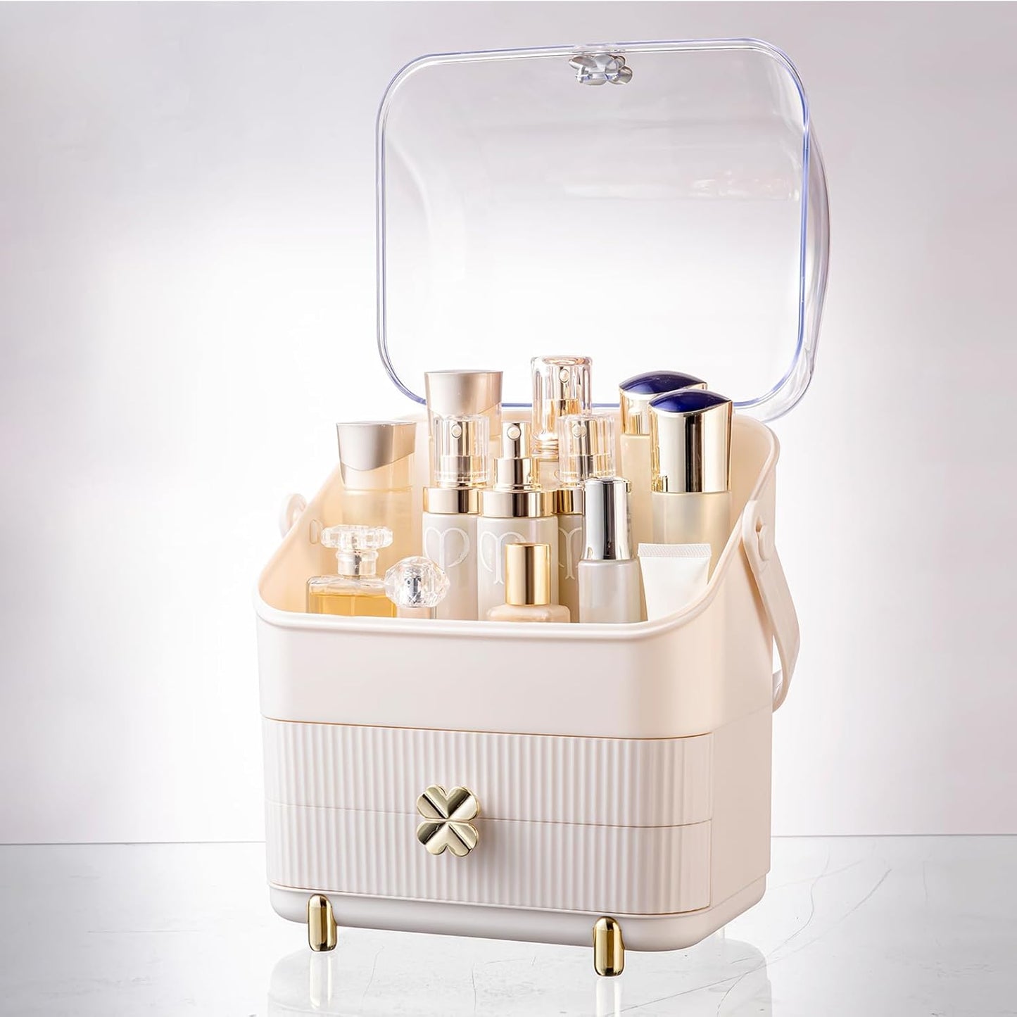 Makeup Organizer | 3-Tier Cosmetic Storage Box with Dust Cover & Drawers | Ivory